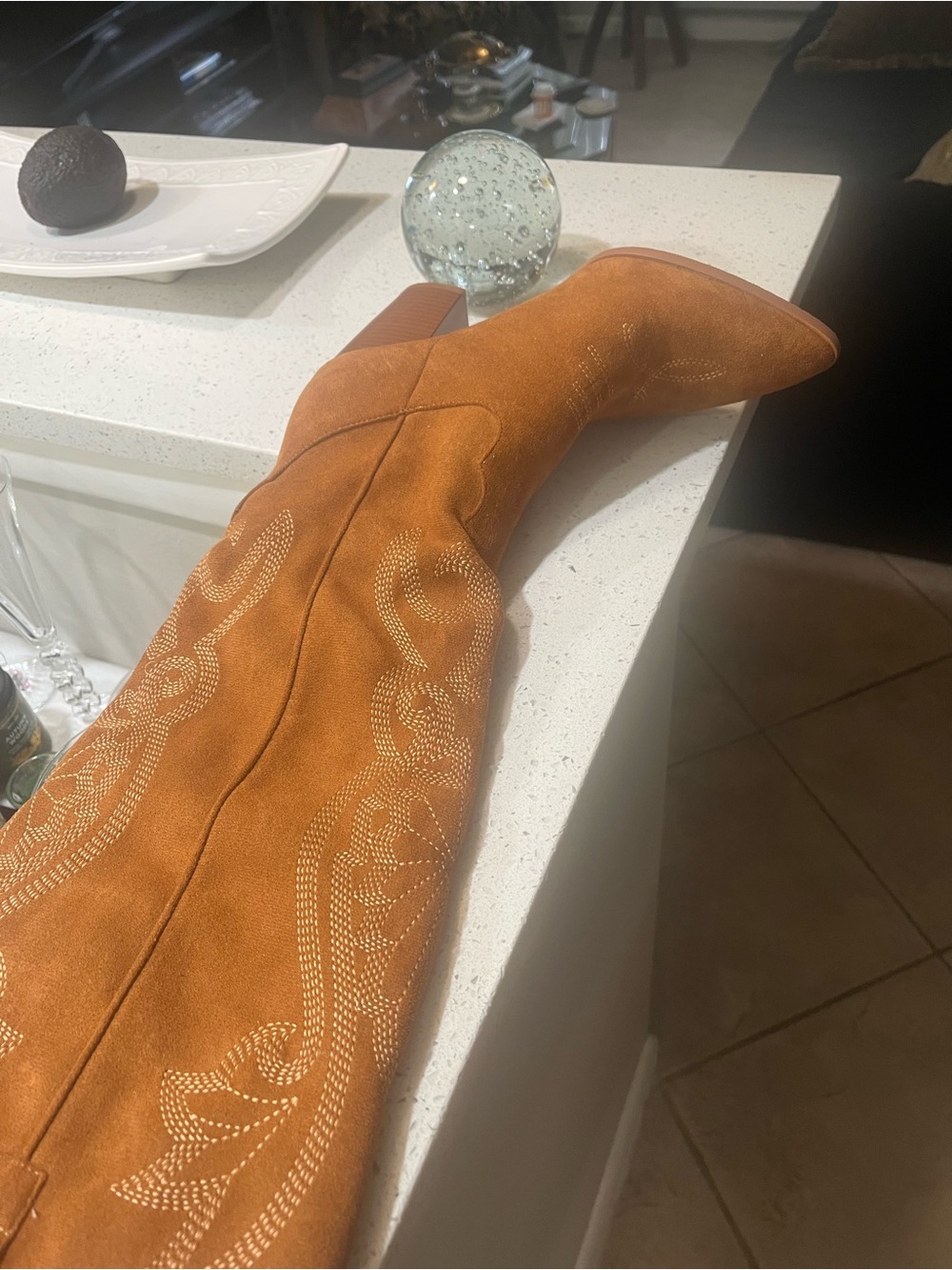 Suede Western Knee-High Boot in Chestnut Brown